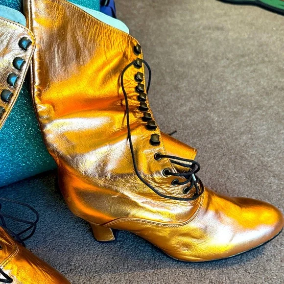 Gold Lace-Up Women's Boots - Picture 1 of 3